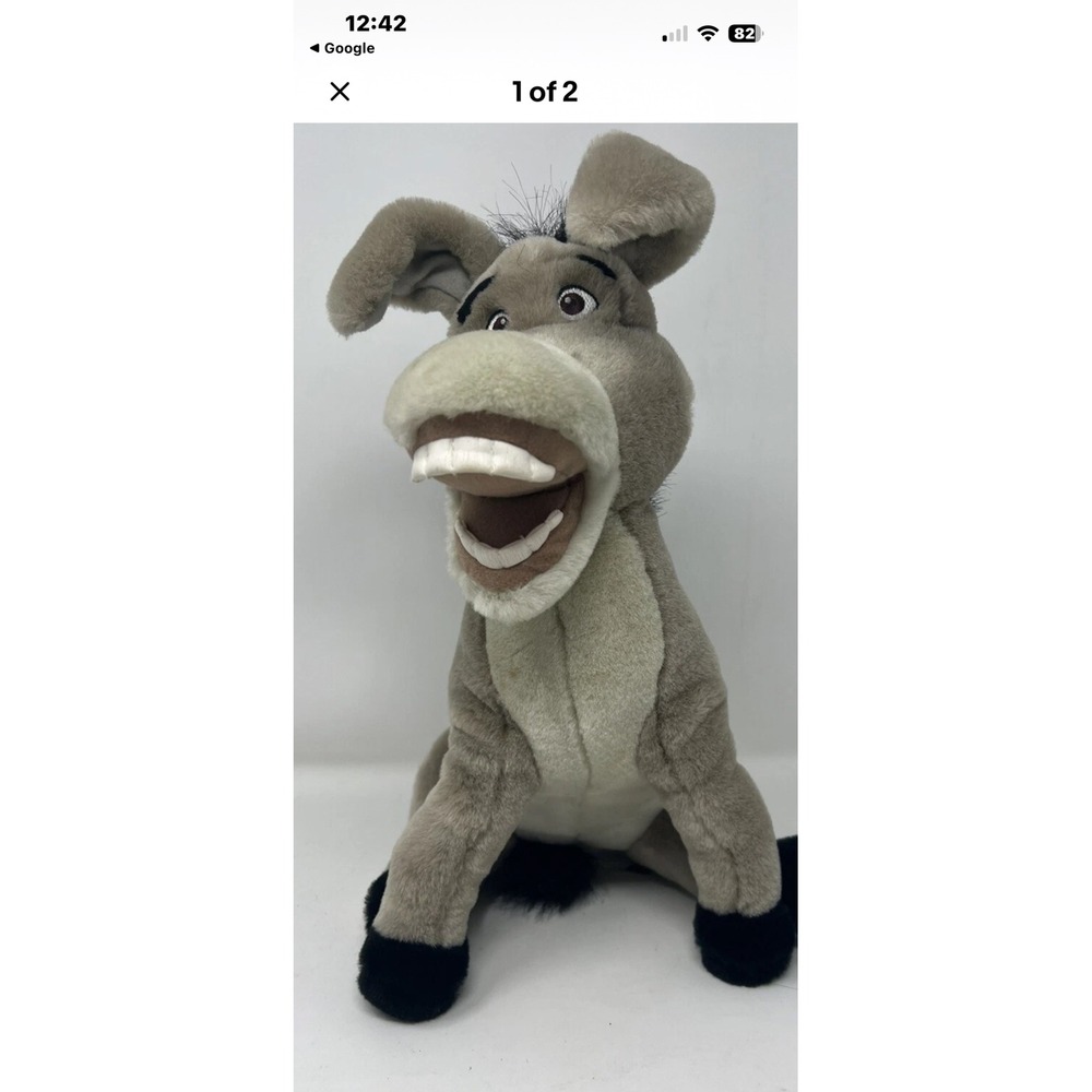 DreamWorks Shrek Donkey Plush Stuffed Animal Toy Grey Black Mane Wide Grin Smile